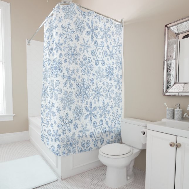 Grey Snowflakes on off white Shower Curtain (In Situ)