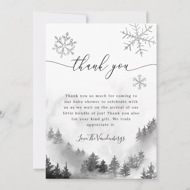 Grey Snowflakes Winter Baby Shower  Thank You Card (Front)