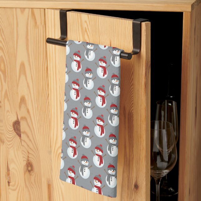 Grey Snowman Burgundy Christmas Tea Towel (Thirds Fold)