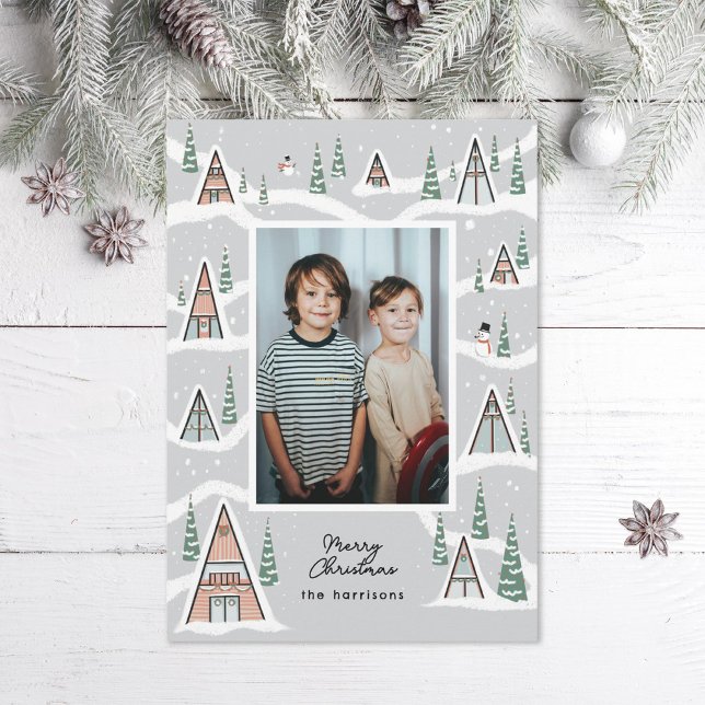 Grey Snowy A-Frames Winter Cabin Photo Holiday Card (Creator Uploaded)