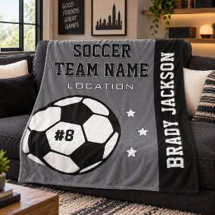 Grey Soccer Team Name and Player Fleece Blanket