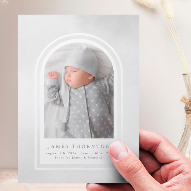 grey soft watercolor border photo baby birth announcement (Creator Uploaded)