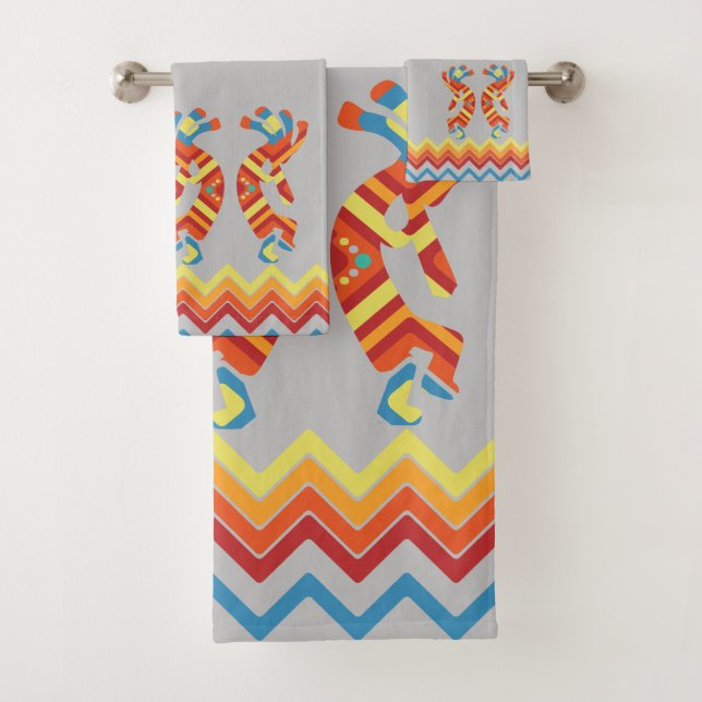 Grey Southwestern Kokopelli Bath Towel Set (Insitu)