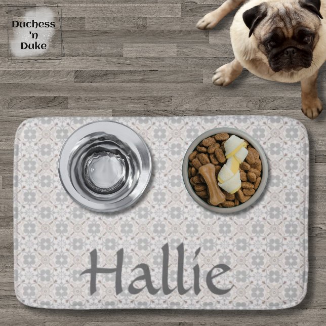 Grey Spanish Tile Pattern Absorbent Pet Mat (Dog Food Bowl - Gray Spanish Tile Personalized)