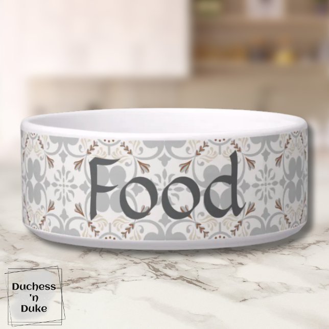 Grey Spanish Tile Personalised Dog Food Bowl  (Dog Food Bowl - Gray Spanish Tile Personalized)