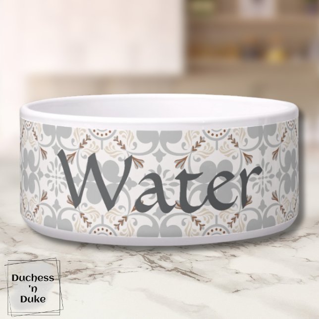 Grey Spanish Tile Personalised Dog Water Bowl  (Dog Water Bowl - Gray Spanish Tile Personalized)