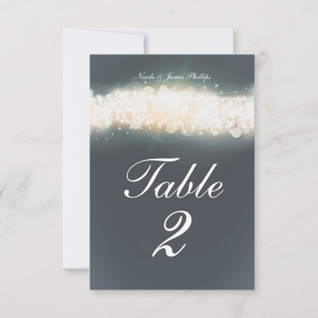 Grey Sparkle Light Blast Wedding Table Number Card (Front)