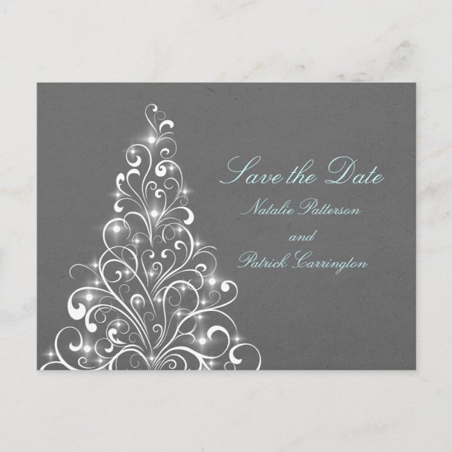 Grey Sparkly Holiday Tree Save the Date Postcard (Front)