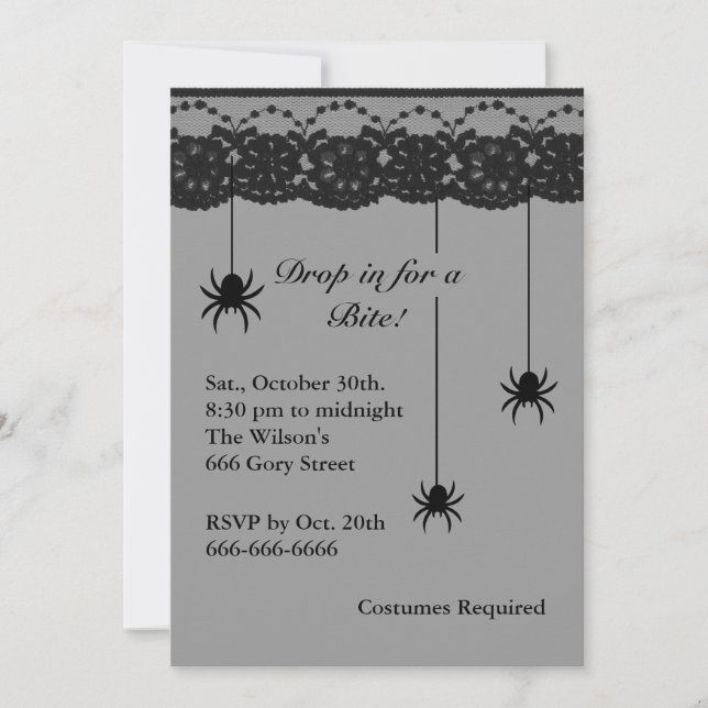 Grey Spiders and Lace Costume Party Invitation (Front)