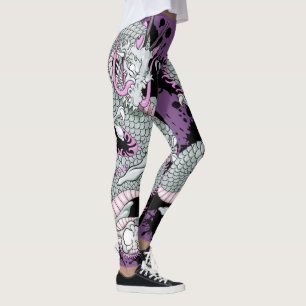 Grey Splash Tattoo Dragon on Purple Leggings