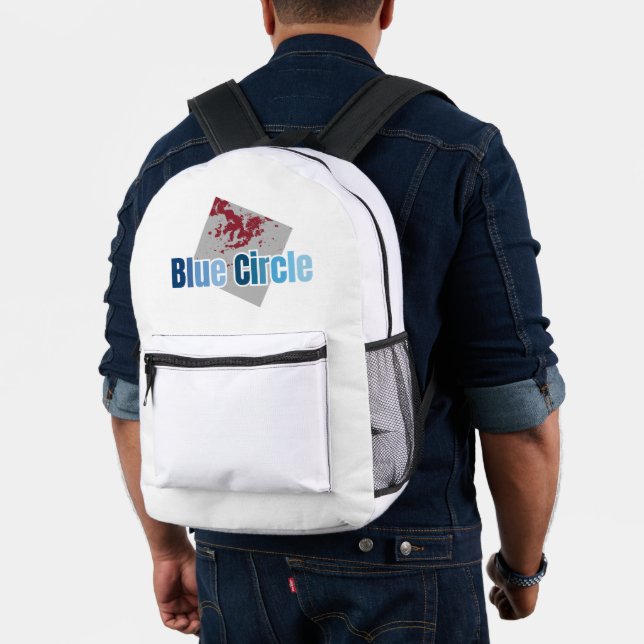 Grey Square with Red Stain and Blue Circle Text Printed Backpack (Insitu (Model))