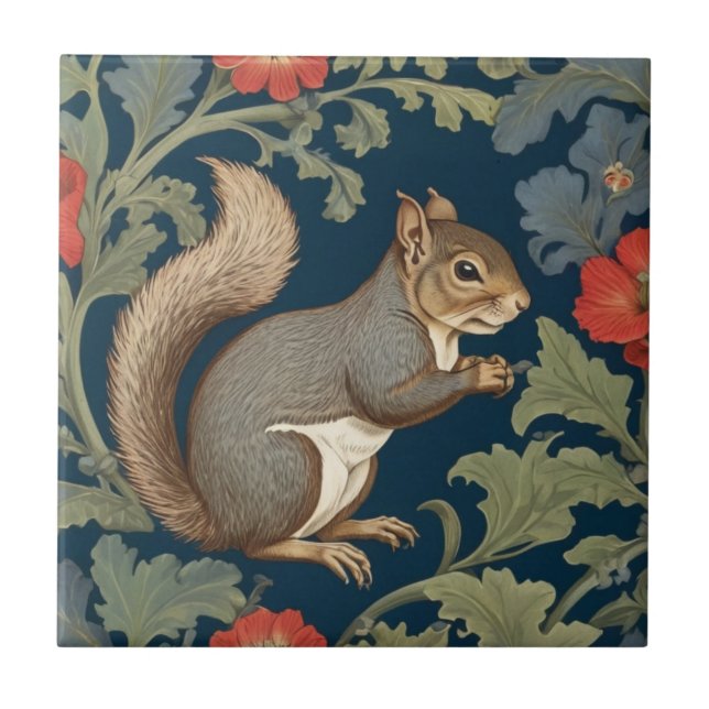 Grey Squirrel William Morris style Right Facing Tile (Front)