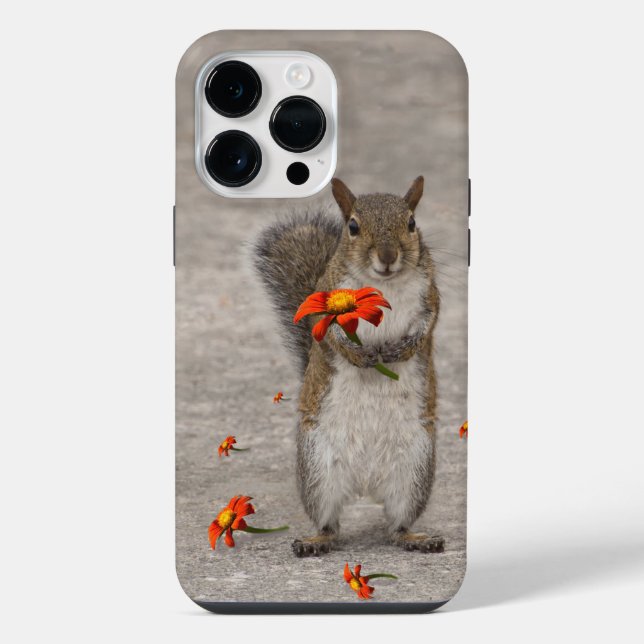 Grey squirrel with red flower iPhone case (Back)