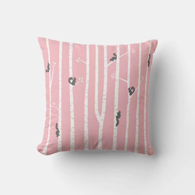Grey Squirrels Climbing Birch Trees on Pink Cushion (Front)