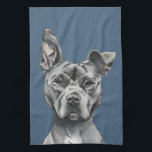 Grey Stalky Pit Bull Dog Drawing Tea Towel<br><div class="desc">This is a portrait of a grey pit bull dog with white on his chest. It has one ear standing. He has a regal look on his face. He is on a bulky side and has a big and muscular face. This was sketched with pencil and then coloured digitally with...</div>