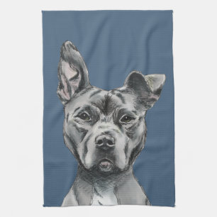 Grey Stalky Pit Bull Dog Drawing Tea Towel
