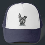 Grey Stalky Pit Bull Dog Drawing Trucker Hat<br><div class="desc">This is a portrait of a grey pit bull dog with white on his chest. It has one ear standing. He has a regal look on his face. He is on a bulky side and has a big and muscular face. This was sketched with pencil and then coloured digitally with...</div>