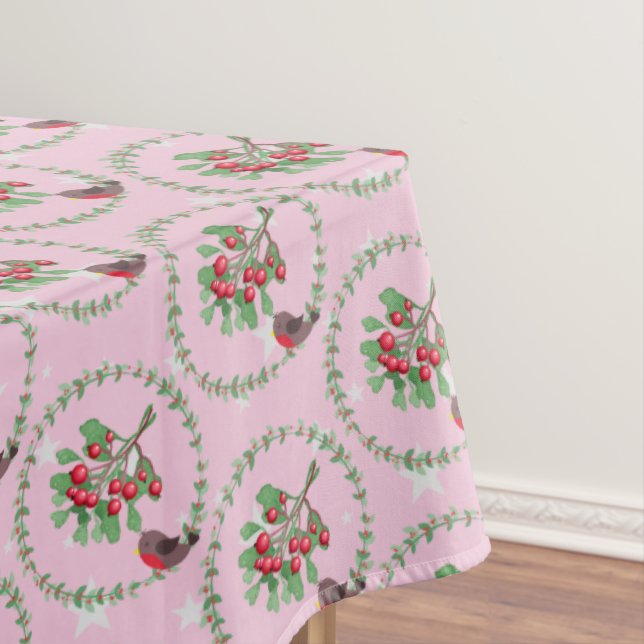 Grey Star Pink Red Robin Wreath Christmas Tablecloth (In Situ)