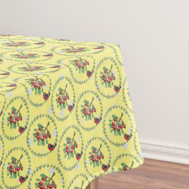 Grey Star Yellow Red Robin Wreath Christmas Tablecloth (In Situ)