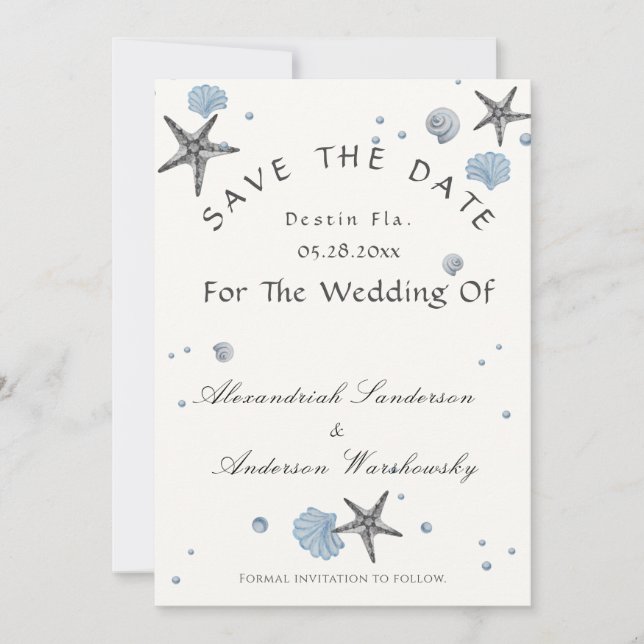 Grey Starfish Blue Beach Wedding Save The Date Invitation (Front)