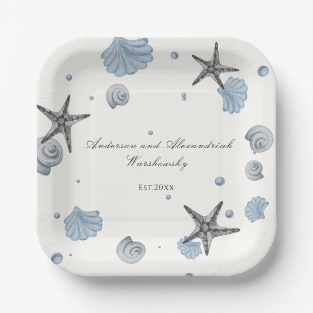 Grey Starfish Blue Shell Beach Wedding  Paper Plate (Front)