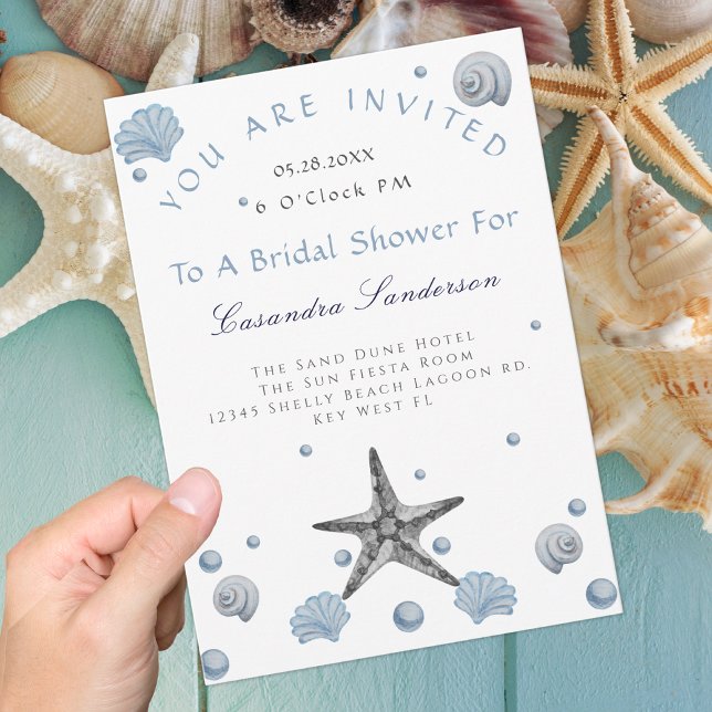 Grey Starfish  Blue Shells Beach Bridal Shower Invitation (Creator Uploaded)