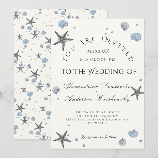 Grey Starfish  Blue Shells Beach Wedding Invitation (Front/Back)