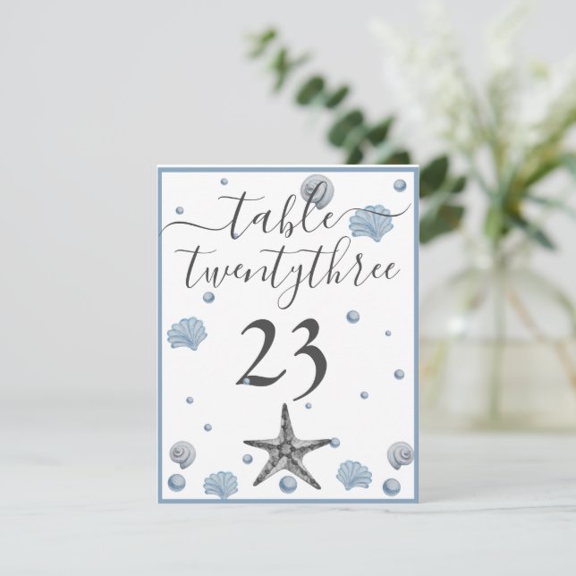 Grey Starfish Blue Shells Beach Wedding Thank You  (Standing Front)