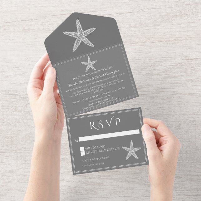Grey Starfish Wedding All In One Invitation (Tearaway)