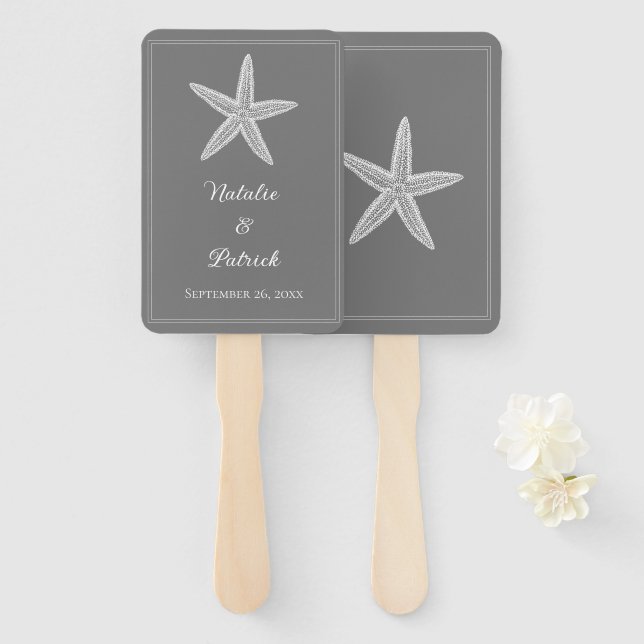 Grey Starfish Wedding Hand Fans (Front and Back)