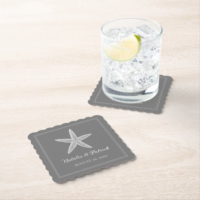 Grey Starfish Wedding Paper Coaster (Insitu)