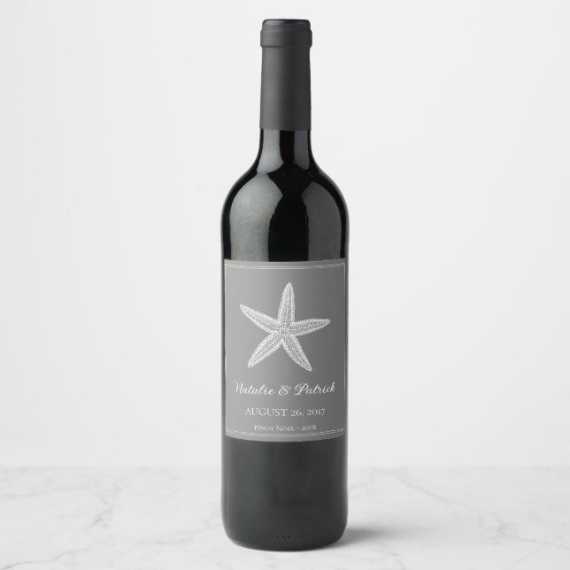 Grey Starfish Wedding Wine Label (Front)