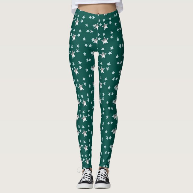 Grey Stars And Green Background Leggings (Front)