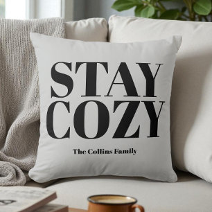 Grey Stay Cosy Festive Typography Black Your Name Cushion