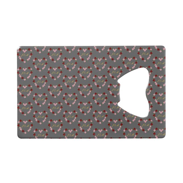 Grey steel bottle opener with pink and red hearts (Front (Horizontal))