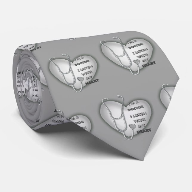 Grey Stethoscope Heart Doctor Tie (Rolled)