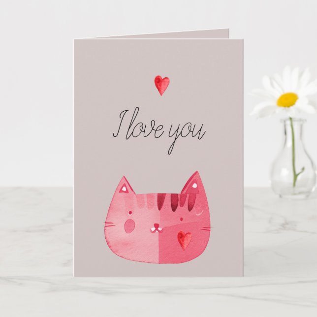 Grey Stone Red Cat Hearts Love You  Card (Small Plant)