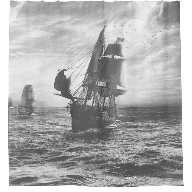 Grey  Stormy Rainy Pirate Ships Shower  Shower Curtain (Front)