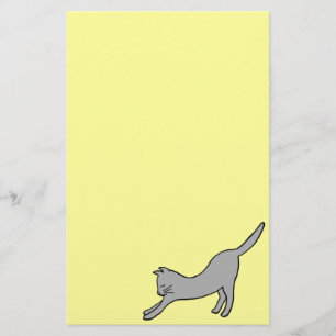 Grey Stretching Cat on Yellow Stationery