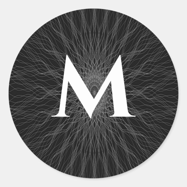 Grey string waves black monogram classic round sticker (Front)