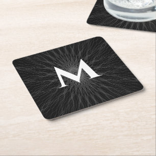 Grey string waves black monogram square paper coaster
