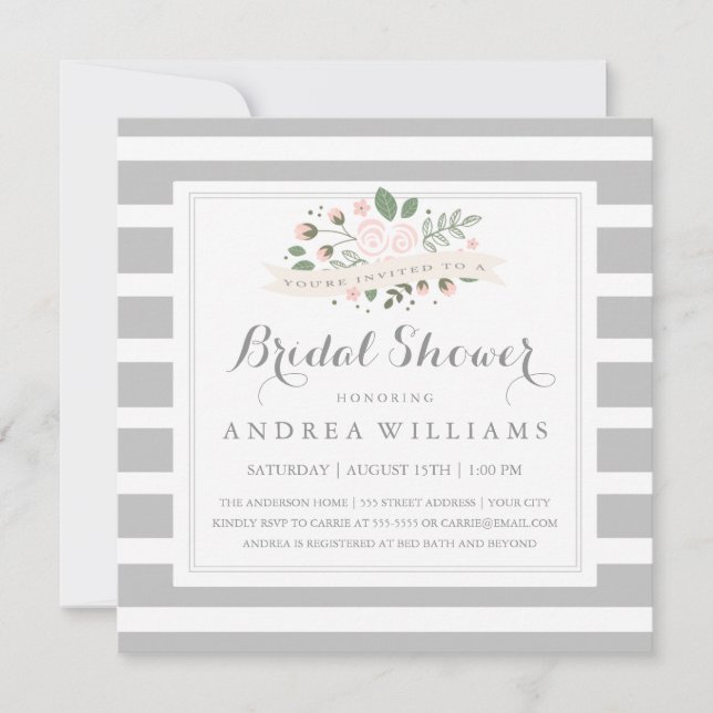 Grey Stripe and Floral Bridal Shower Invite (Front)