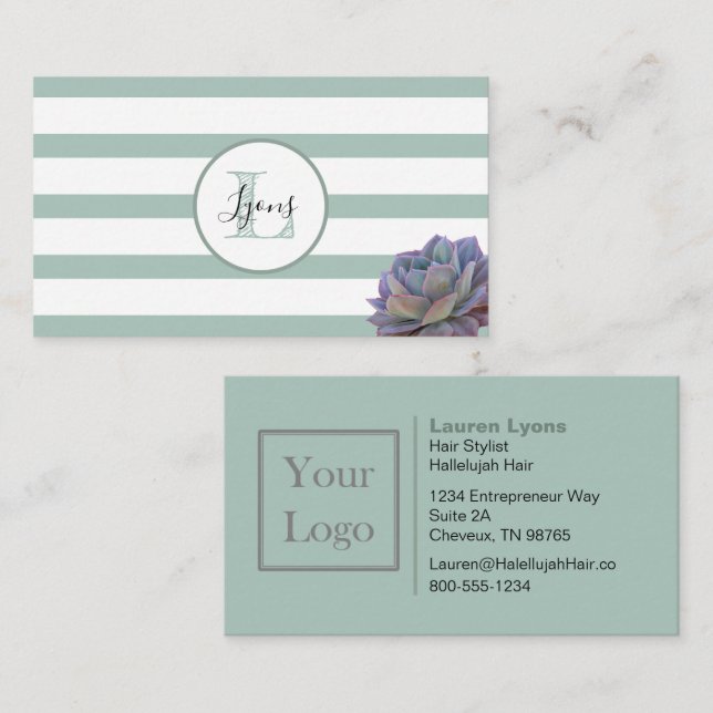 Grey Stripe and Succulent Monogrammed Business Card (Front/Back)
