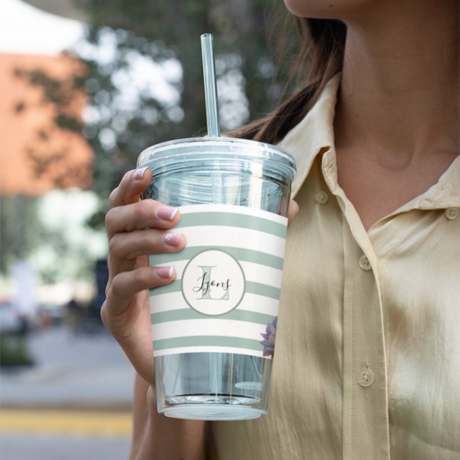 Grey Stripe and Succulent Monogrammed Personalised Acrylic Tumbler (Creator Uploaded)
