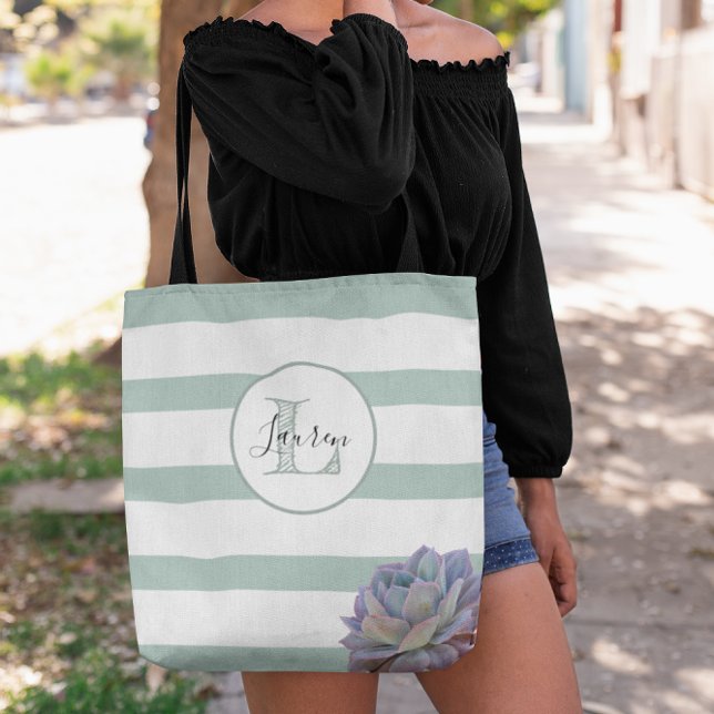 Grey Stripe and Succulent Monogrammed Personalised Tote Bag (Creator Uploaded)