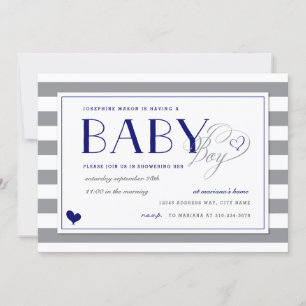 Grey Stripe Baby Boy Shower and Navy Blue Invitation