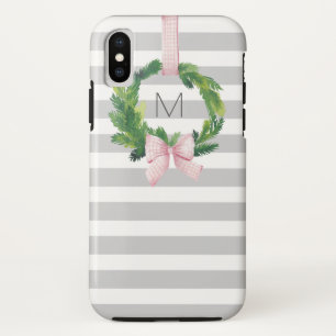 Grey stripe Christmas wreath monogram iPhone X Case