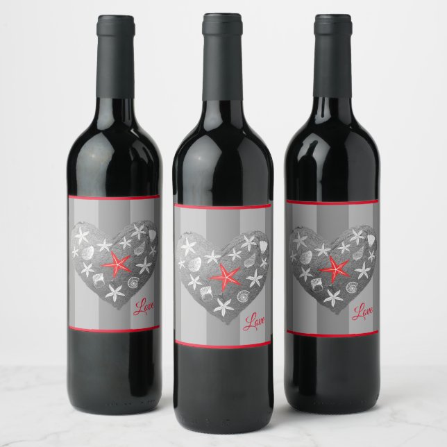 Grey Stripe Coastal Theme Seashell Starfish Heart Wine Label (Bottles)