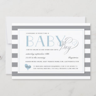 Grey Stripe Light Blue Boy Baby Shower by Mail Invitation