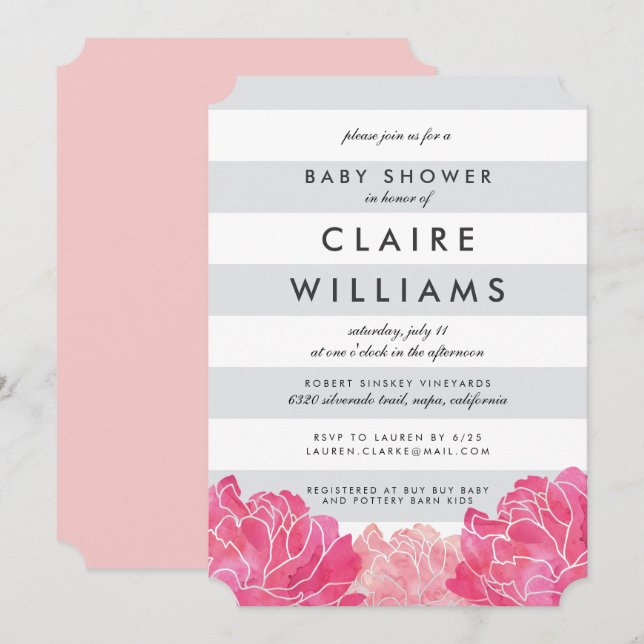 Grey Stripe & Pink Peony Baby Shower Invitation (Front/Back)